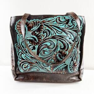 Patricia Nash Toscano Tooled Tote Leather Bag Purse Brown Turquoise